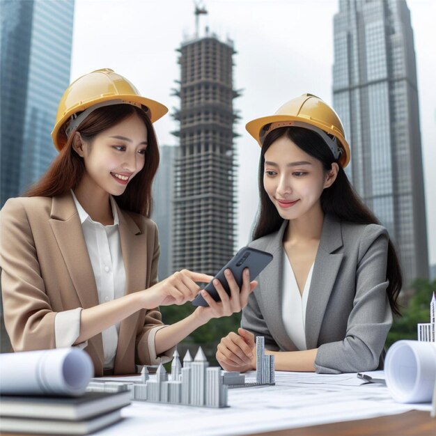 Foto dos arquitectos están discutiendo el diseño de un edificio con un edificio alto en el fondo