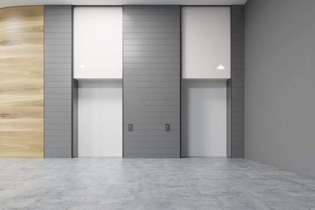 Dos ascensores blancos en una oficina con paredes grises y de madera. Piso de concreto. relámpago suave. representación 3d Bosquejo