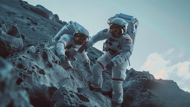 Dos astronautas escalando una montaña juntos