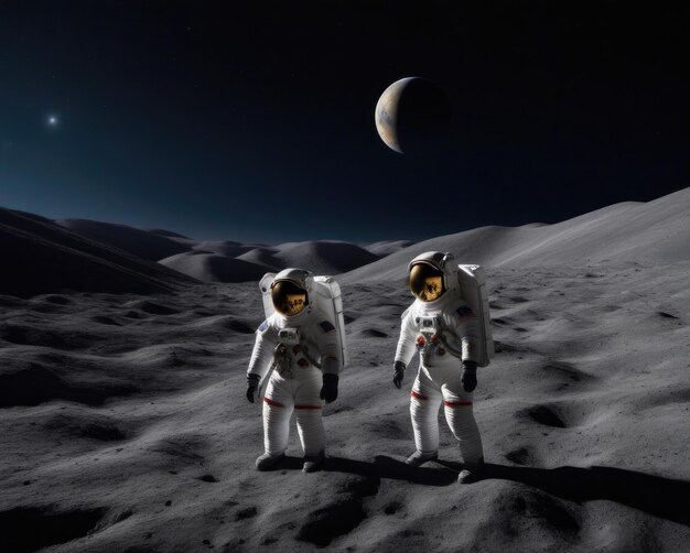 dos astronautas están en la luna y uno lleva un casco