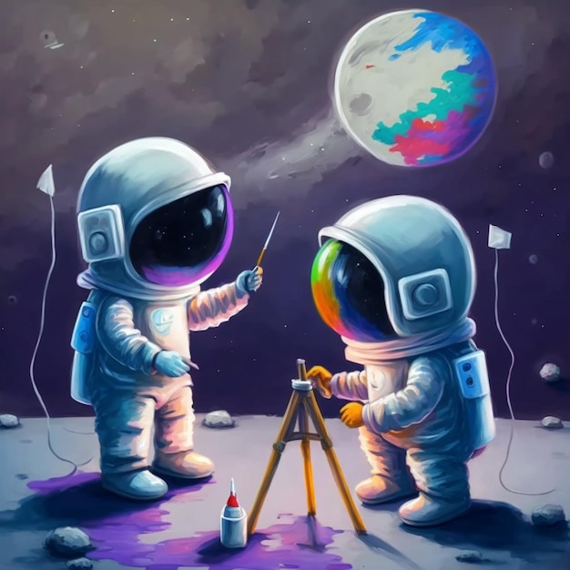 Dos astronautas están pintando un cuadro de un planeta con un telescopio de IA generativa.