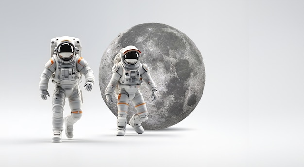 dos astronautas en un fondo gris claro con la luna en el fondo mezcla de IA y 3D