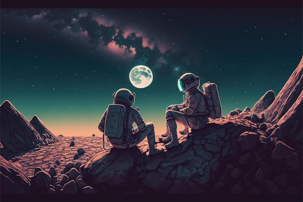Dos astronautas sentados en rocas mirando el cielo nocturno estilo de arte digital ilustración pintura concepto de fantasía de un Dos astronautas sentados en rocas