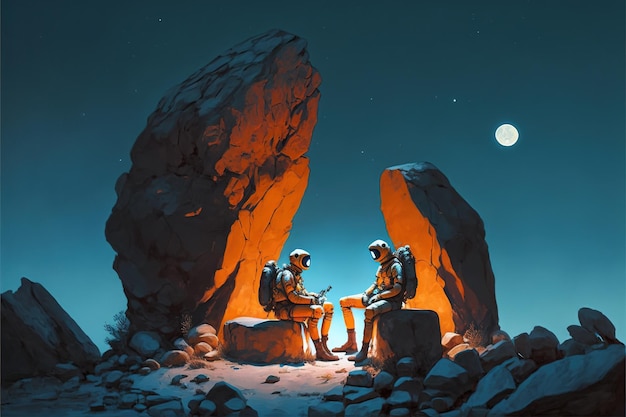 Dos astronautas sentados en rocas mirando el cielo nocturno estilo de arte digital ilustración pintura concepto de fantasía de un Dos astronautas sentados en rocas