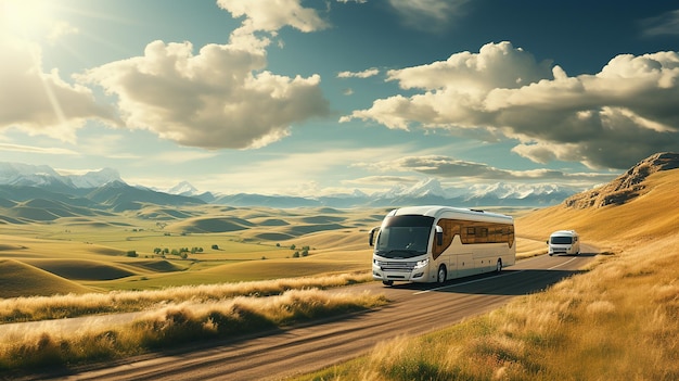 Dos autobuses blancos viajando por la carretera asfaltada en un paisaje rural al atardecer con nubes espectaculares