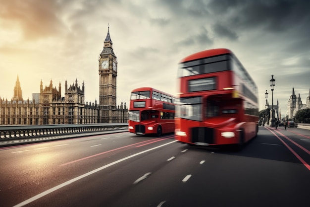 Dos autobuses rojos de dos pisos conducen en la calle cerca de Big Ben en London Bridge Generative AI