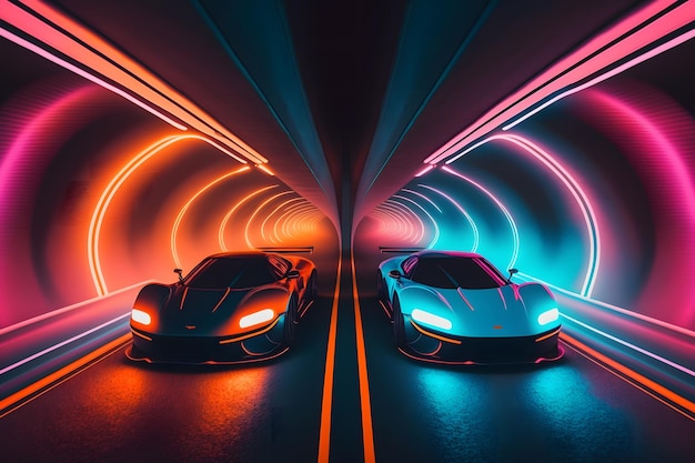 Dos autos deportivos de alta velocidad en el momento de la carrera en movimiento en el arte generado por la red neuronal de luz de neón