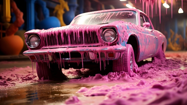 dos autos rosados y coloridos hechos de arena al estilo del expresionismo satírico ai generativo