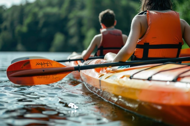 Dos aventureros en kayak en un sereno lago de montaña rodeado de exuberante vegetación y montañas