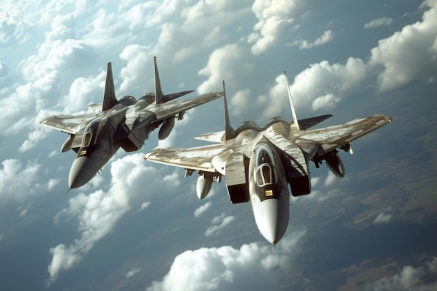 Foto dos aviones de combate se elevan a través de un cielo nublado demostrando su poder y agilidad en una exhibición aérea dinámica dos aviones de combate involucrados en una pelea aérea generada por ia