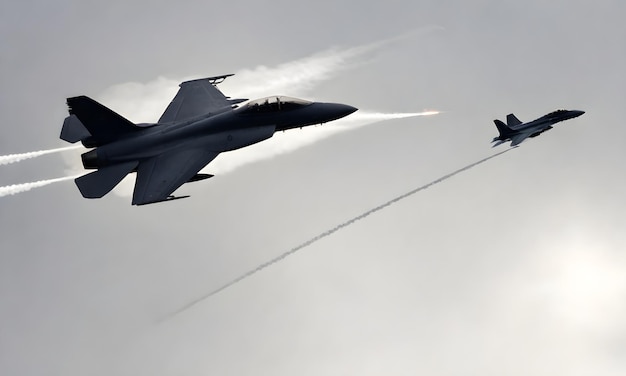 Dos aviones de combate en vuelo con rayas contra un cielo gris