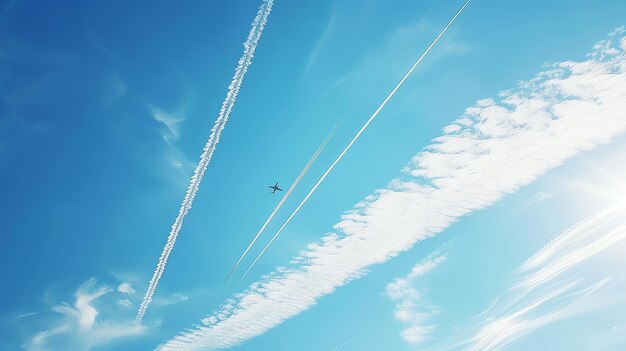Dos aviones dejan contrails a través de un cielo azul