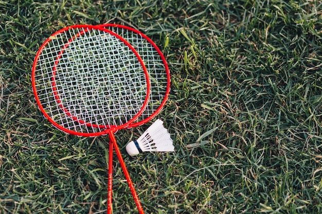 Dos bádminton rojo y volante en la hierba verde