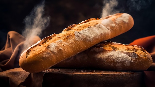 Dos baguettes en una mesa de madera con humo saliendo de ellos