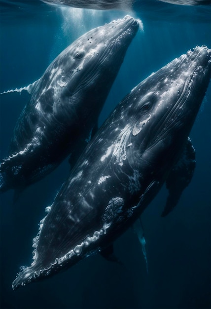 Foto dos ballenas jorobadas nadando bajo el agua