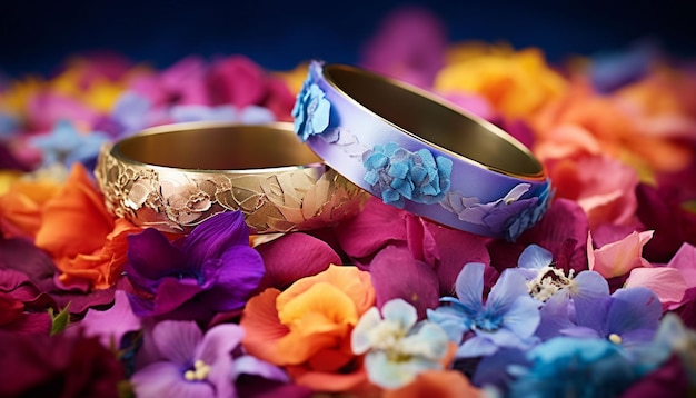 Dos bandas adornadas con delicados pétalos y hojas de flores dispuestas en un lecho de flores frescas de colores vibrantes para un toque caprichoso y romántico