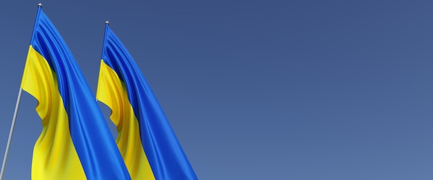 Dos banderas de Ucrania en astas de bandera en el lateral Banderas sobre un fondo azul Lugar para el texto Ucrania independiente Símbolo del estado ucraniano La bandera ondea en el viento Ilustración 3D de la Commonwealth