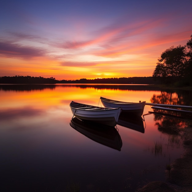 Dos barcos están atracados en la orilla de un lago al atardecer.