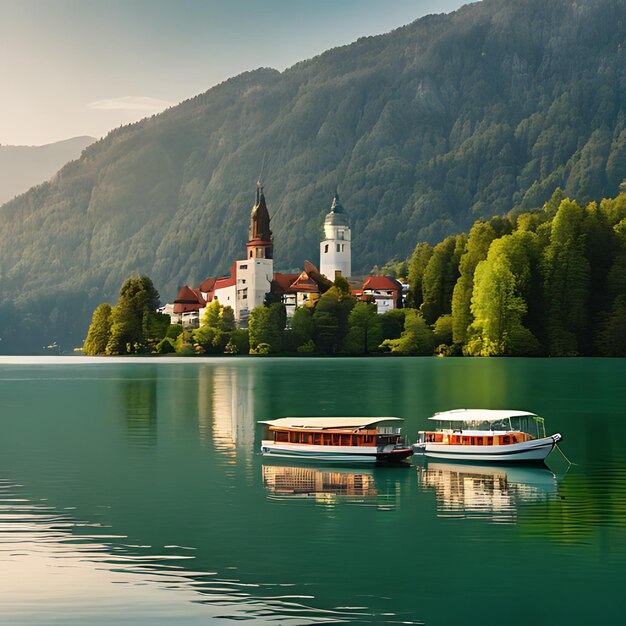 Foto dos barcos están flotando en un lago con un castillo en el fondo