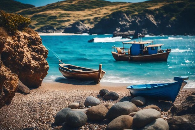 dos barcos están en una playa con un barco azul en el agua