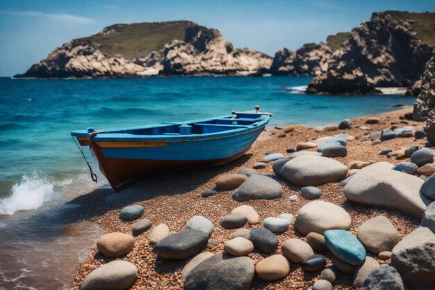 Foto dos barcos están en la playa y uno es azul y el otro es azul