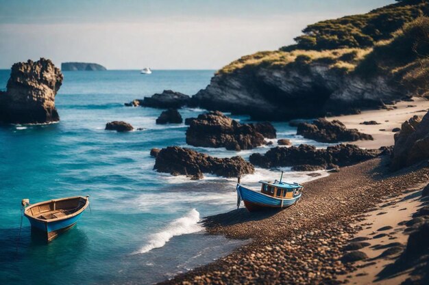 dos barcos están en la playa y uno es un barco con un barco en el agua