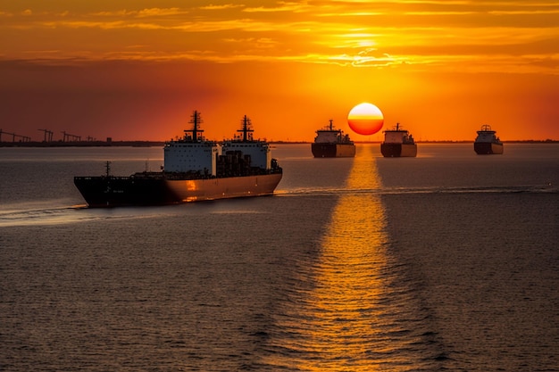 Dos barcos navegan al atardecer con la puesta de sol detrás de ellos.