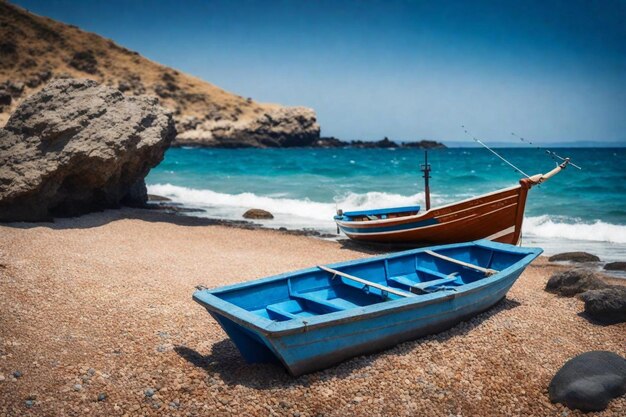 Foto dos barcos en una playa con una roca en el fondo