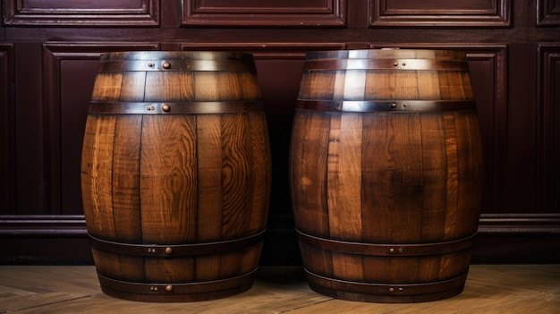 Dos barriles de madera sobre un fondo de madera en el sótano de la bodega IA generativa