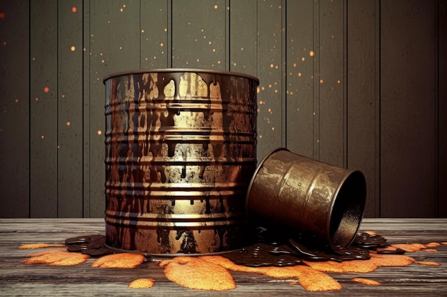 Dos barriles de petróleo y petróleo crudo derramado en la superficie de madera oscura, las salpicaduras de aceite están alrededor del medio ambiente