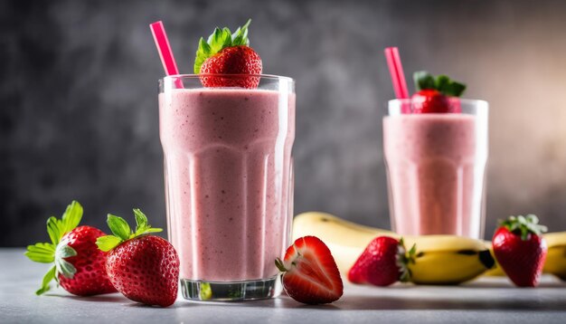 Dos batidos de fresa y plátano con fresas y plátanos