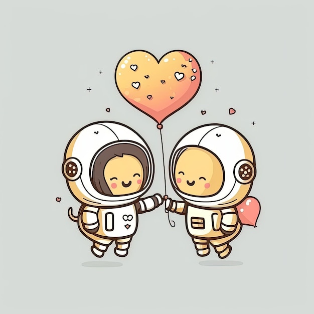 Dos bebés astronautas flotando juntos por el espacio aferrándose a un globo en forma de corazón sobre fondo de color IA generativa