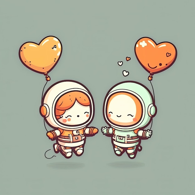 Dos bebés astronautas flotando juntos por el espacio aferrándose a un globo en forma de corazón sobre fondo de color IA generativa