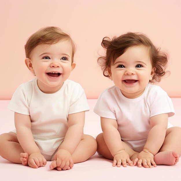 Dos bebés sentados en el suelo sonriendo para la cámara