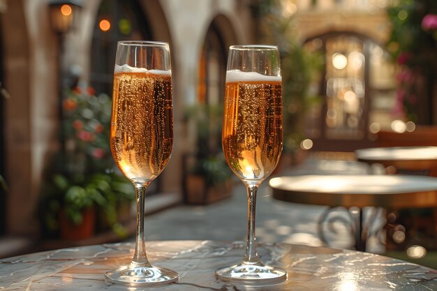 Dos bebidas en la mesa del patio trasero en verano evoca relajación frescura atmósfera de felicidad significa