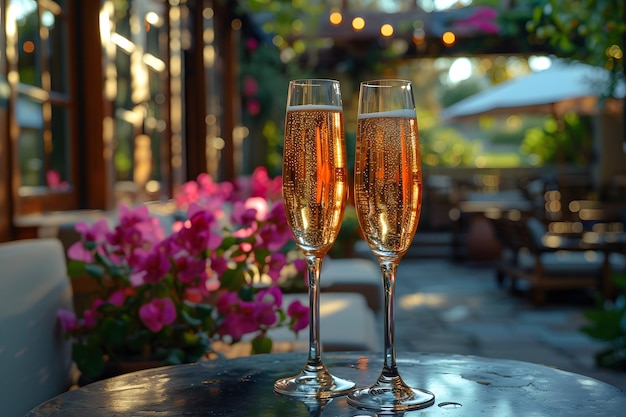 Dos bebidas en la mesa del patio trasero en verano evoca relajación frescura atmósfera de felicidad significa