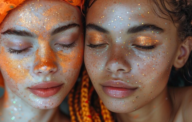 Foto dos bellezas diversas ojos cerrados cabello trenzado o en dreadlocks irradiando tranquilidad y elegancia