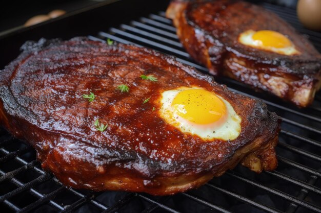 Dos bistecs con huevos encima en una parrilla IA generativa