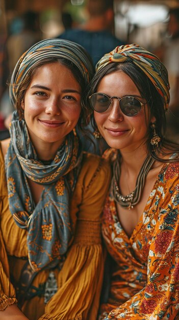 Dos blogueras satisfechas que son turistas que viajan por Tailandia están vestidas con un traje de seda, gafas de sol y una bufanda xA
