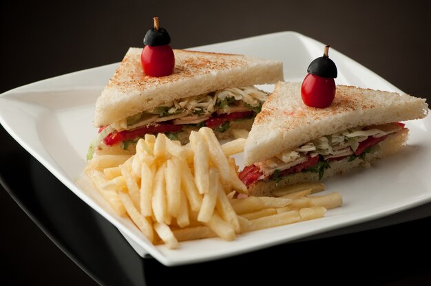 Dos bocadillos en un plato cuadrado blanco con patatas fritas