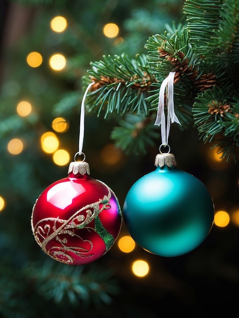 Dos bolas de colores vibrantes cuelgan de una delicada ramita del abeto del árbol de Navidad 31