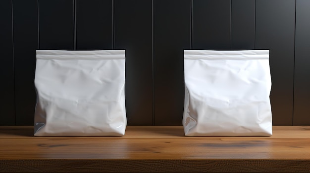 dos bolsas de café blancas de pie en una mesa de madera