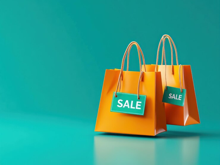 Dos bolsas de compras naranjas con etiquetas de venta verdes en fondo de azul azul