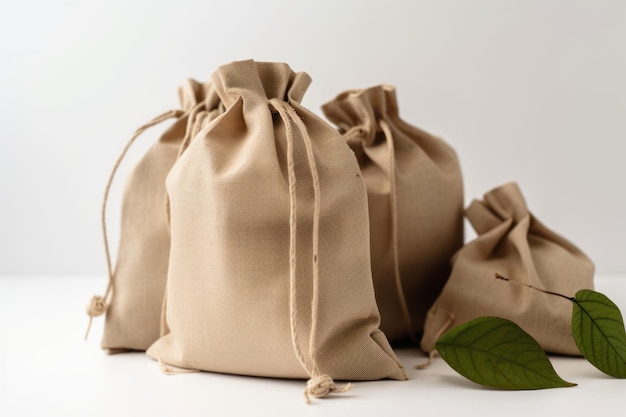 Dos bolsas marrones con una hoja verde al costado