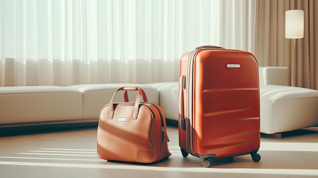 Foto dos bolsas de viaje en una habitación de hotel minimalista contemporánea el elegante estilo desordenado