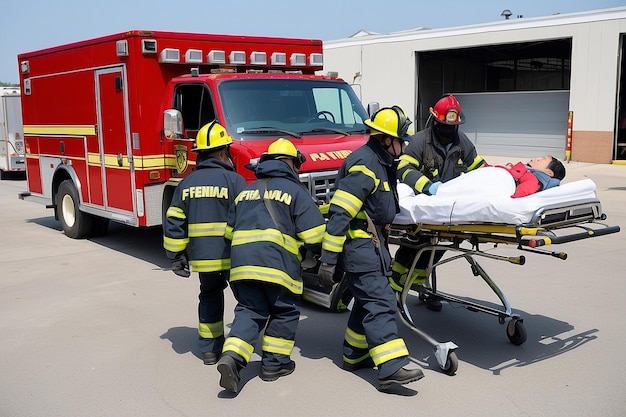 Dos bomberos están trasladando a los pacientes a un área segura y enviándolos al campo.