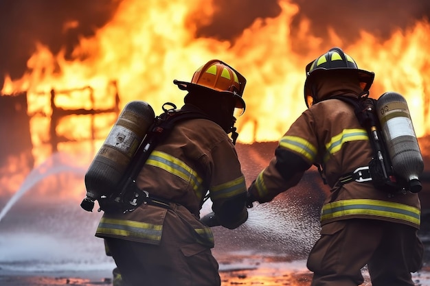 Dos bomberos uniformados ahuyentando a personas irreconocibles Pire Generative AI