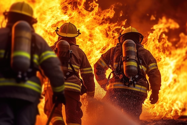 Dos bomberos uniformados ahuyentando a personas irreconocibles Pire Generative AI