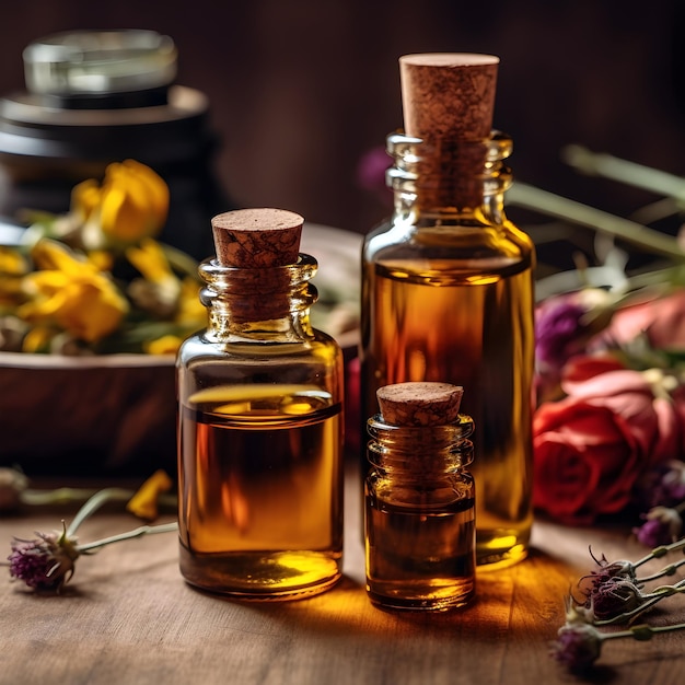 Dos botellas de aceite esencial se sientan en una mesa con flores al fondo.