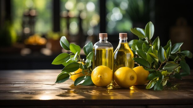 Dos botellas de aceite de oliva y limones en una mesa de madera